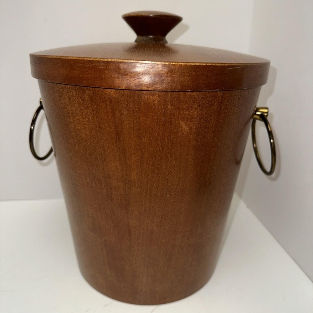 Vintage Wood Ice Bucket W/ Tongs Brass Handles Mid Century 11" Tall Veneer